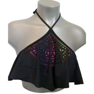 Victoria's Secret PINK Black w/ Rainbow Laser Cut High Neck Flounce Bikini Top M